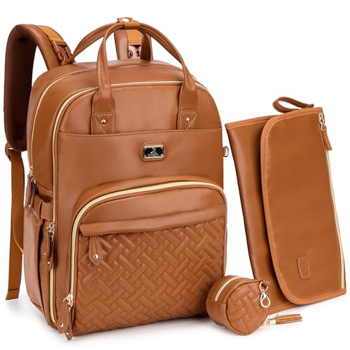 Image of Dikaslon Leather Diaper Bag Backpack with Portable Changing Pad, Pacifier Case and Stroller Straps, Large Unisex Baby Bags for Boys Girls, Multipurpose Travel Back Pack for Moms Dads, Dark Brown