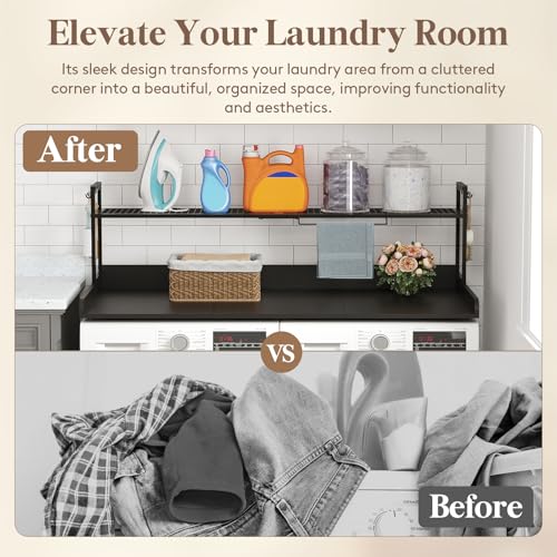 Image of Lifewit Washer Dryer Countertop with Adjustable Shelf,Black,54''x 27.5'' | Adjustable shelf, melamine top cover, edge rails and towel rack support up to 200 lb for laundry room storage