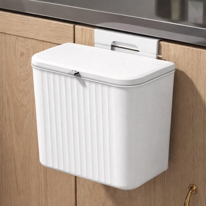 RADIANT 7 Litre Plastic Hanging Kitchen Trash Can With Lid, Double-Sided Open Lid Design, Kitchen Trash Can, Kitchen Cabinet Door Hanging Wall Storage Bucket (with 30 Garbage Bag) (White)