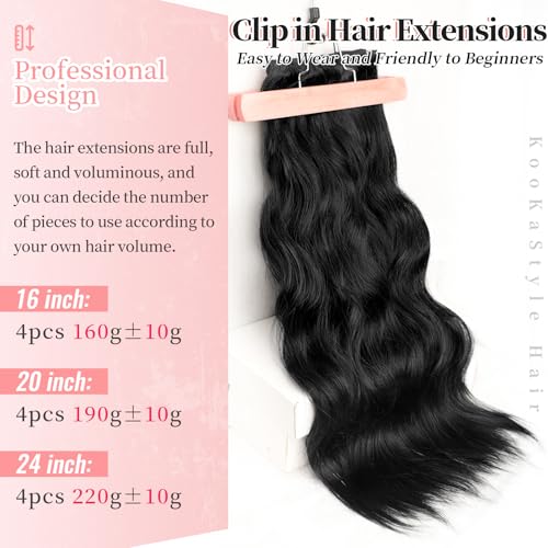 KooKaStyle Clip in Synthetic Hair Extensions Long Wavy 4PCS Thick Hairpieces Black Fiber Double Weft Natural Hair Extensions 24 Inch for Women - Image 5