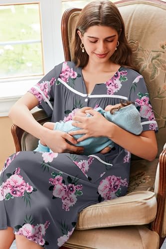 Image of Ekouaer Nightgowns for Women Hospital Gown with Pockets Button Down Sleep Shirt Short Sleeve Sleepwear Pajama Loungewear Grey Flower Large