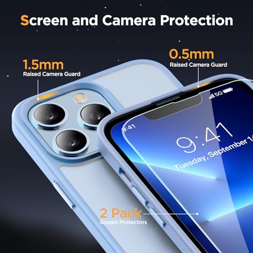 Image of Miracase Magnetic for iPhone 13 Pro Max Case 6.7 inch (Compatible with MagSafe)(with 2X Screen Protectors) Military-Grade Protection, Anti-Fingerprint Translucent Matte Phone Case Cover, Light Blue