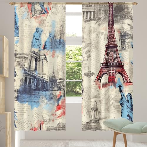 Lot de 2 voilages semi-transparents rétro Tour Eiffel Londres New York – Voilages à fente sur le dessus pour salon et chambre à coucher (140 cm de large x...