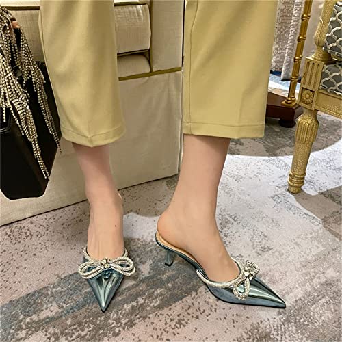 Keleimusi Sparkle Double Bow Heeled Mules Crystal-Embellished Slip On Iridescent Upper Kitten Sandals Blue thumb #2