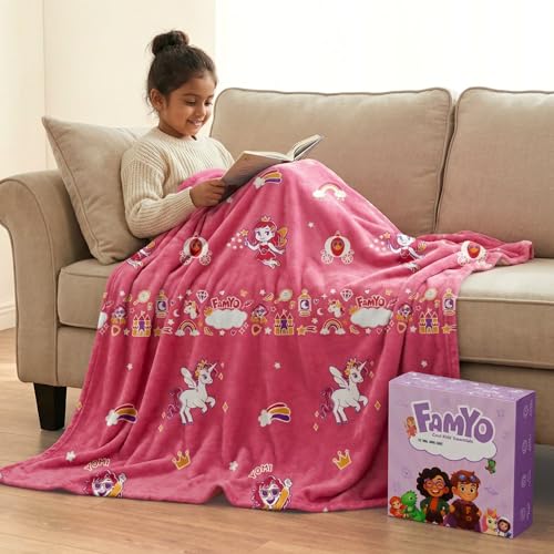Image of Famyo GlowMaxx Glow Blanket for Kids - June the Unicorn | Glow in Dark Soft Flannel Double Bed Blanket 200x152 cm | Winter Blanket for Kids | Lab-Tested & Safe (Pink)