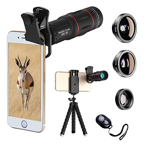SEGEMS Hottest Premium 18x telephoto Lens+ 4 in1 Lens kit+Premium 18x Telescope+180 fisheye+0.4X Wide Angle+10x Macro Lens with Flexible Tripod (Black, 18x Lens)+Remote Shutter Control