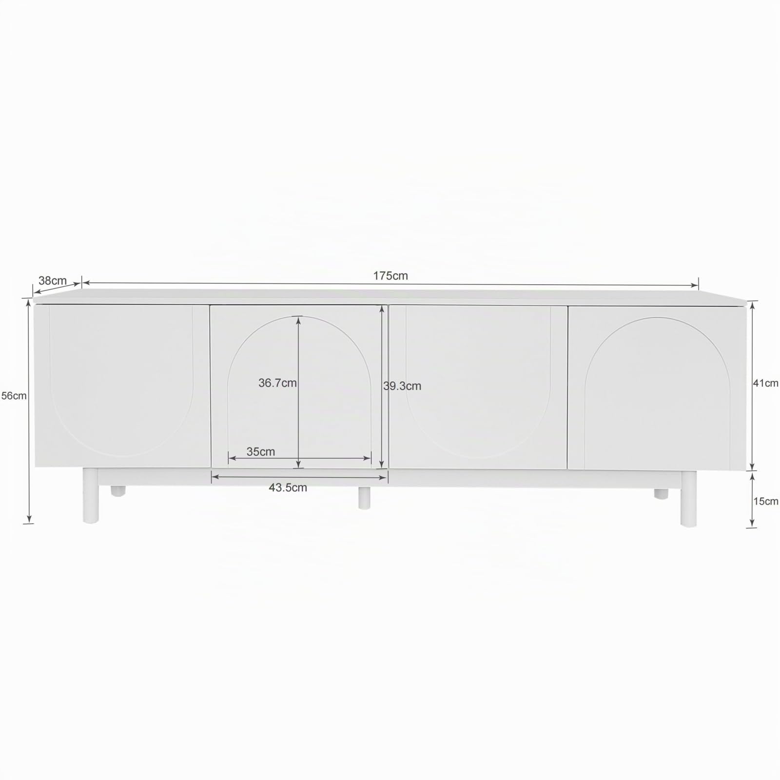 Meuble TV 175x38x56cm, léger de Style Luxe, avec 4 Portes texturées, séparateurs réglables, Blanc