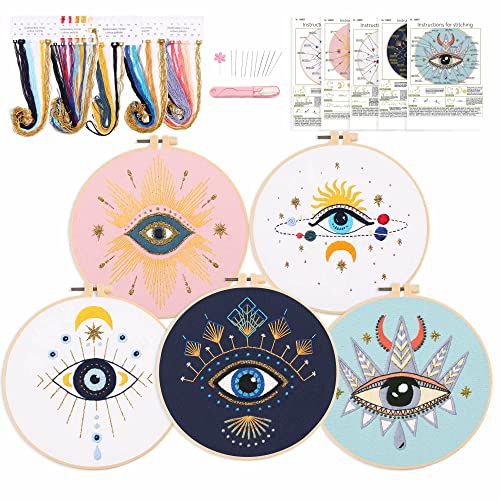 Image of Harimau 5pcs Beginner Embroidery Kit,Eye Pattern,Cross Stitch Kits, Including Stamped Embroidery Cloth with 2 Embroidery Hoops, Multicolor Color Threads for Embroidery Kit