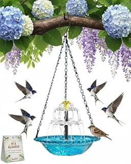Solar Cascade Hanging Bird Bath Fountain Heater Solar Powered Birdbath Hummingbird Water Fountain Large 3 Layers Bird Bath Pump Glass Bowl for Outdoor Patio Yard Garden Lawn Decoration(Blue)