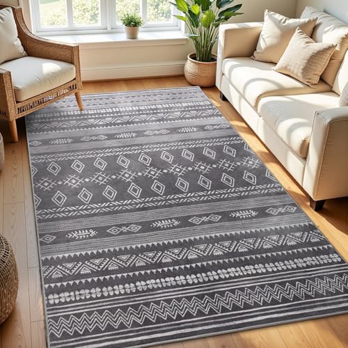 Terrug Boho Area Rug for Bedroom, Dark Grey 4x6 Washable