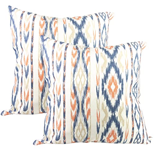 TRESMESTRES Fundas de Cojines para Sofá de Jardín, Terraza y Salón y Fundas de Cojines para Cama Decorativos - Ikat Mediterráneo - Cubierta de Cojín 40x40 cm - Set de 2, Naranja/Azul