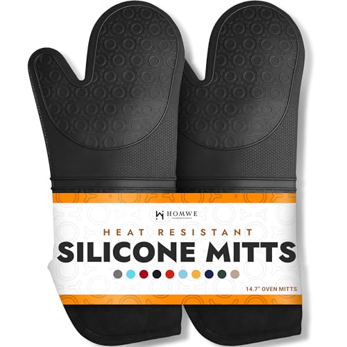 BPA-Free Silicone Oven Mitts Ultra Heat Resistant up to 500°F - Oven Mitts with Thick Cotton Liner - Long Slip Resistant Pot Holders, Flexible Oven Gloves - Black 14.7