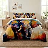WeCozy Full Size Comforter Set with 2 Pillowcases, Painting Colorful Elephant Soft 3 Pcs Bedding for Kids and Adults Bedroom Bed Decor