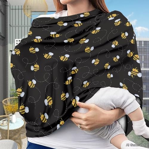 Image of Wanyint Bee Print Car Seat Covers for Babies Black Baby Car Seat Cover for Boys Girls - Breathable Breastfeeding Scarf Nursing Cover Carseat Canopy for Boys Girls