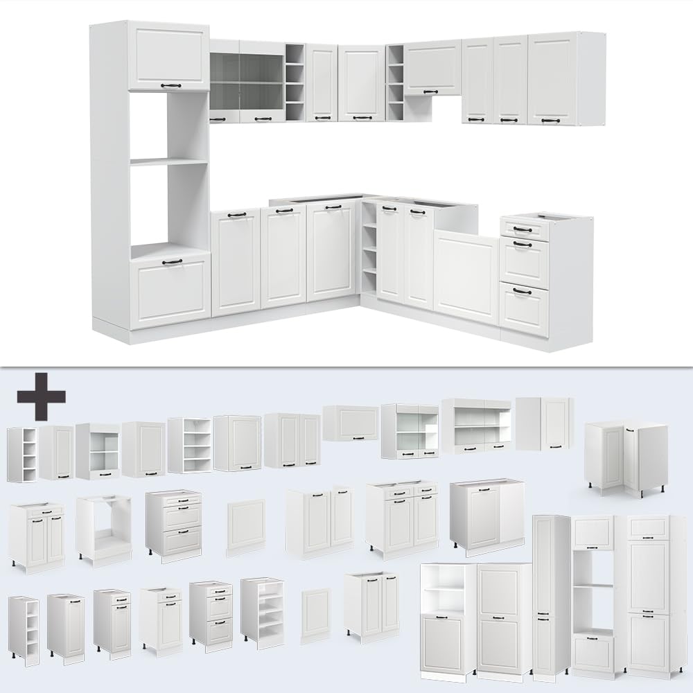 Vicco Cucina angolare completa R-Line Bianco country/Bianco 247x237 cm | senza piano di lavoro, per disposizione flessibile ed espansione modulare