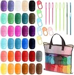 Swpeet 51Pcs Kit de fil de crochet, y compris 32Pcs Échevins en fil acrylique multicolore, 10Pcs Marqueurs de piqûres, 6Pcs Aiguille de tricot en plastique, 2Pcs Crocheter les crochets et 1Pc Sac pour crochet et tricotage
