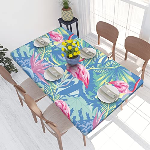 Rectangle Tablecloth Flamingo Tropical Style Fitted Elastic Edged Waterproof Wipeable Table Cloth Cover Decorations 4 FT Table Pad Cover for lndoor Outdoor