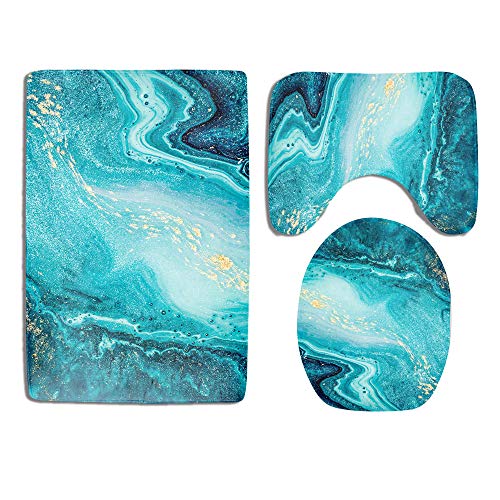 Marble Bathroom Rug Set 3 Piece Luxury Ocean Art Agate Blue Paint Gold Powder Non Slip Bath Carpet Mat U-Shaped Contour Mat Toilet Lid Cover Sets Durable Flannel Home Washroom Decor Shower Accessories