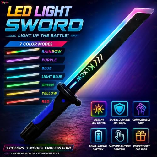 Image of VikriDA LED Light Up Toy Sword with Spark, RGB Color Changing Glowing Blade, Smoke Effect on Draw, USB Type-C Rechargeable Light Sword, Role Play Toy for Kids Boys Girls