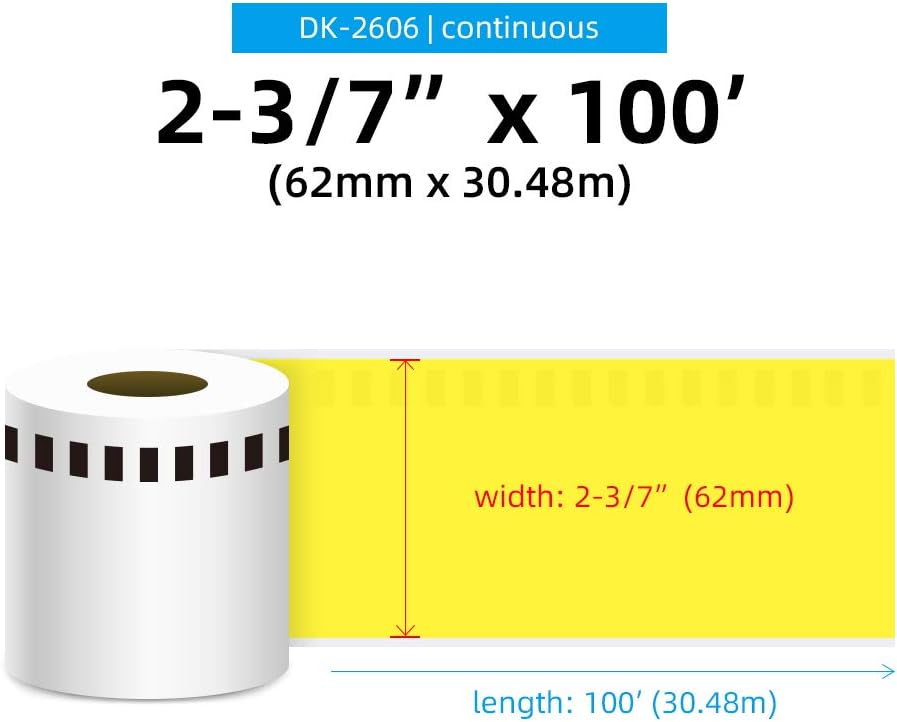 Label Orison DK2606 Black on Yellow Continuous Film Tape Labels Compatible with DK-2606 2.4 in x 50 ft (62 mm x 15.2 m) with Non-refillable Cartridge,3 Rolls