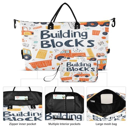 Travel Duffle Bag Weekender Bags Overnight Bag with Toiletry Bag Gym Duffel Bag Building Blocks Construction Truck for Travel Business Trips Sport2