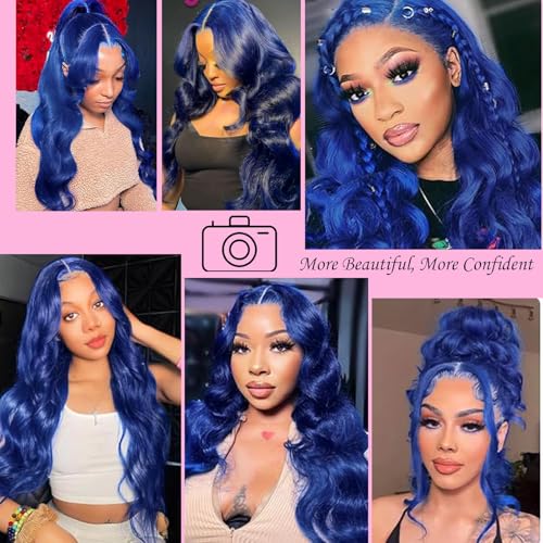 Image of Drak Blue Lace Front Wigs Human Hair 13x4 HD Transparent Body Wave Lace Front Human Hair Wig Pre Plucked Colored Blue Glueless Lace Frontal Wigs for Women 18 Inch