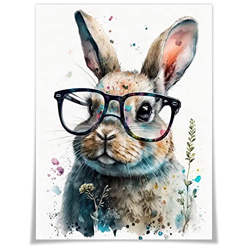 Blue Funny Glasses Bunny Canvas Wall Art Modern Colorful Cute Hippie Rabbit Room Aesthetic Posters Funky Farmhouse Woodland Animal Prints Paintings For Baby Girl Kids Nursery Decor 12X16In Unframed #TOP26
