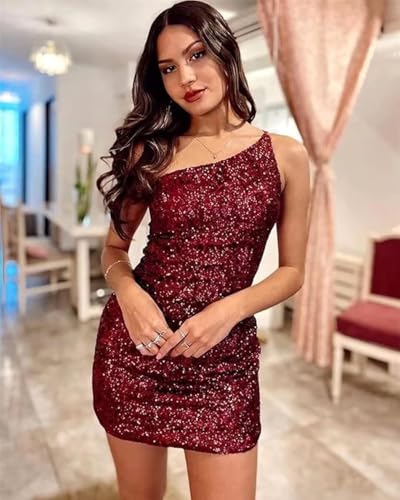 Women's Bodycon Homecoming Dress for Juniors Sequin One Shoulder Backless Mini Cocktail Party Dress3