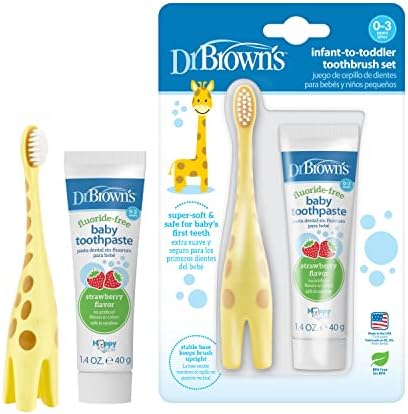 Dr. Brown's Infant-to-Toddler Training Toothbrush Set with Strawberry Fluoride-Free Toothpaste 1.4 oz, Soft for Baby's First Teeth, Giraffe, BPA Free, 0-3 Years