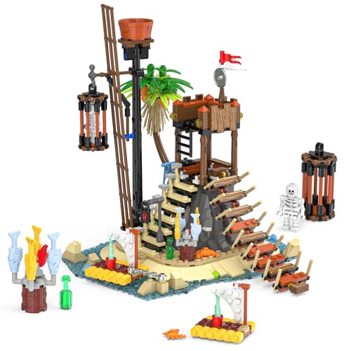 Audaxly Pirate Watchtower Building Block Set - Pirate Island Set with Hidden Prison, Skull Cage & More, Perfect for Family Building Time & Display, Gifts for Boys Ages 6+, 482 PCS