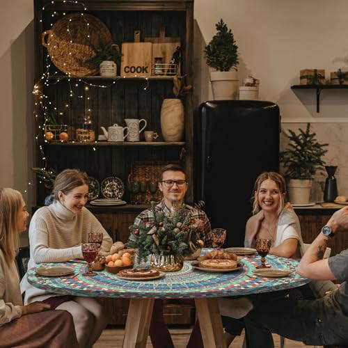 Boho Vinyl Round Tablecloth Waterproof Fitted Table Cloth Summer Fall Outdoor Circle Cover for 36-44" Tables Kitchen Dining Apartment Essentials Picnic Camping Party Decor Housewarming Gifts