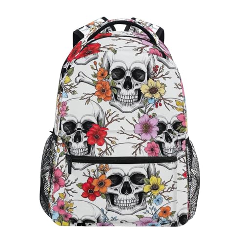 School Backpack for Girls, Kids Travel Backpack, Kids Back to School Supplies, Ideal for Ages 6–14, White Skull Colorful Flower