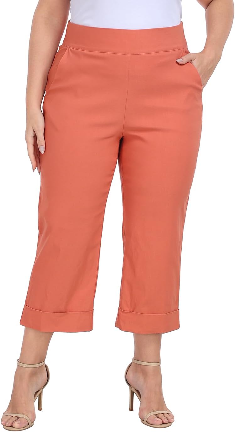 HDE Plus Size Pull On Capri Pants for Women with Pockets Elastic Waist Commuter Travel Casual Work Cropped Pants with Cuff