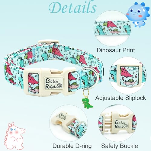 Image of Dog Collar-Blue Pink Dinosaur Print Adjustable Pet Collars Soft Comfortable Puppy Collar Cute Cotton Collars Durable Gift for Large Dogs