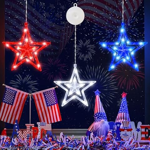 oopswow Red White and Blue Lights,3 Pack 45LED 4th of July Patriotic Lights with Timer Function,Battery Operated Star Lights for Window,Fourth of July Decoration,Independence Day,Labor Memorial Day Cover