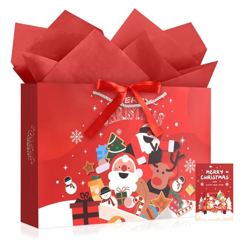 Image of JMANNI Christmas Gift Bags,1PCS Large christmas Gift Bag with Ribbon and 1 Greeting Card 2 Tissue Papers, Portable Paper Gift Bag with Handles, Reusable and Perfect For Your Xmas Presents （Red）