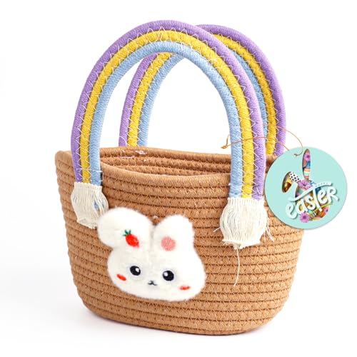 Image of Exun Bunny Basket for Kids, Cute Cotton Tote Bag Hand-Woven Handbag with Rainbow Handles, Easter Egg Hunt Basket Bags for Boys, Girls, Toddler, Babies, Easter gift basket Personalized (Brown)