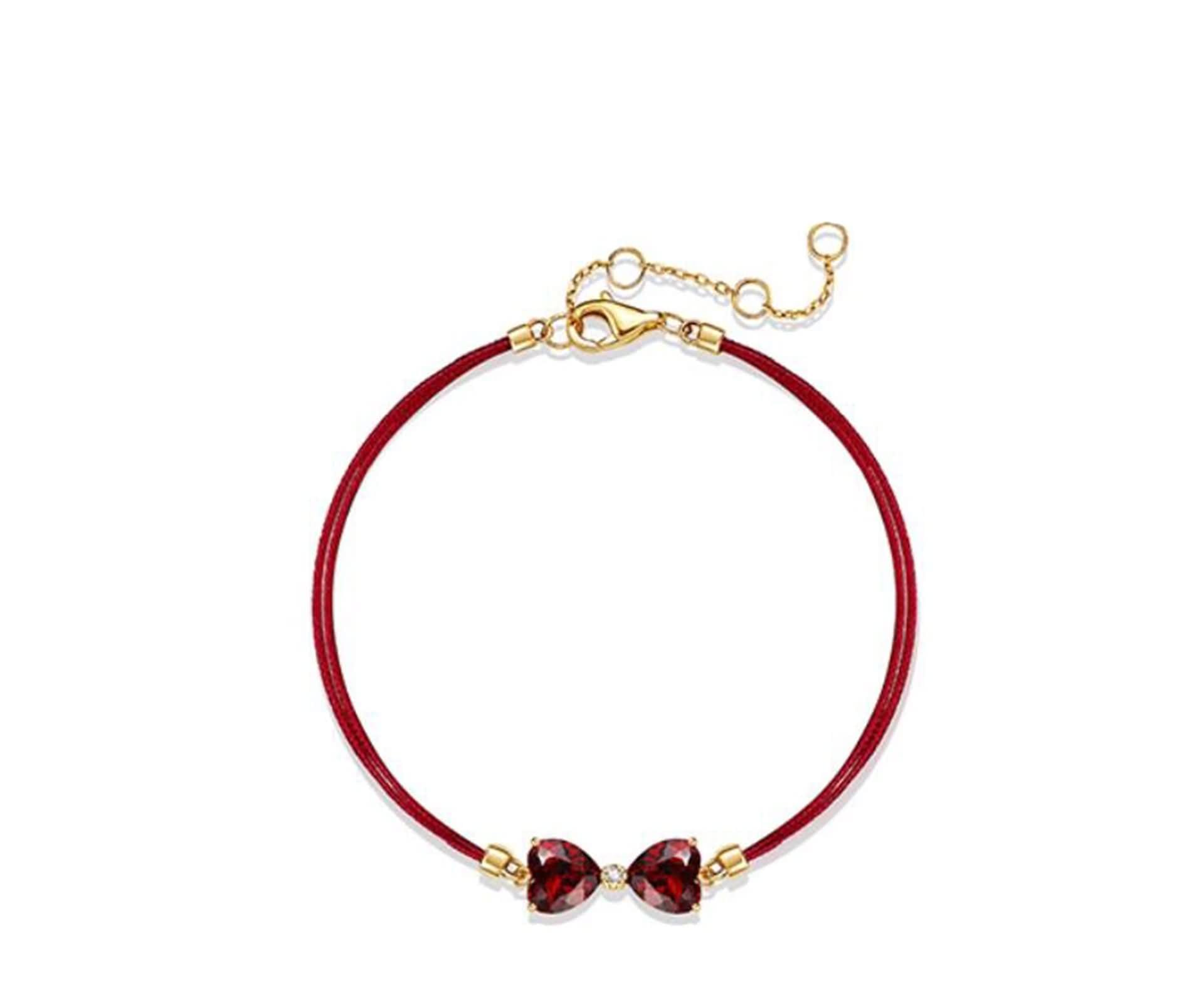 Pulseras de Oro 9 Kilates / 14 Kilates / 18 Kilates Mujer, Cordón Doble con Granate de 2 ct y Diamante, Cadena Extensible 16 CM + 5 CM, Pulsera Ajustable Mujer de Rojo