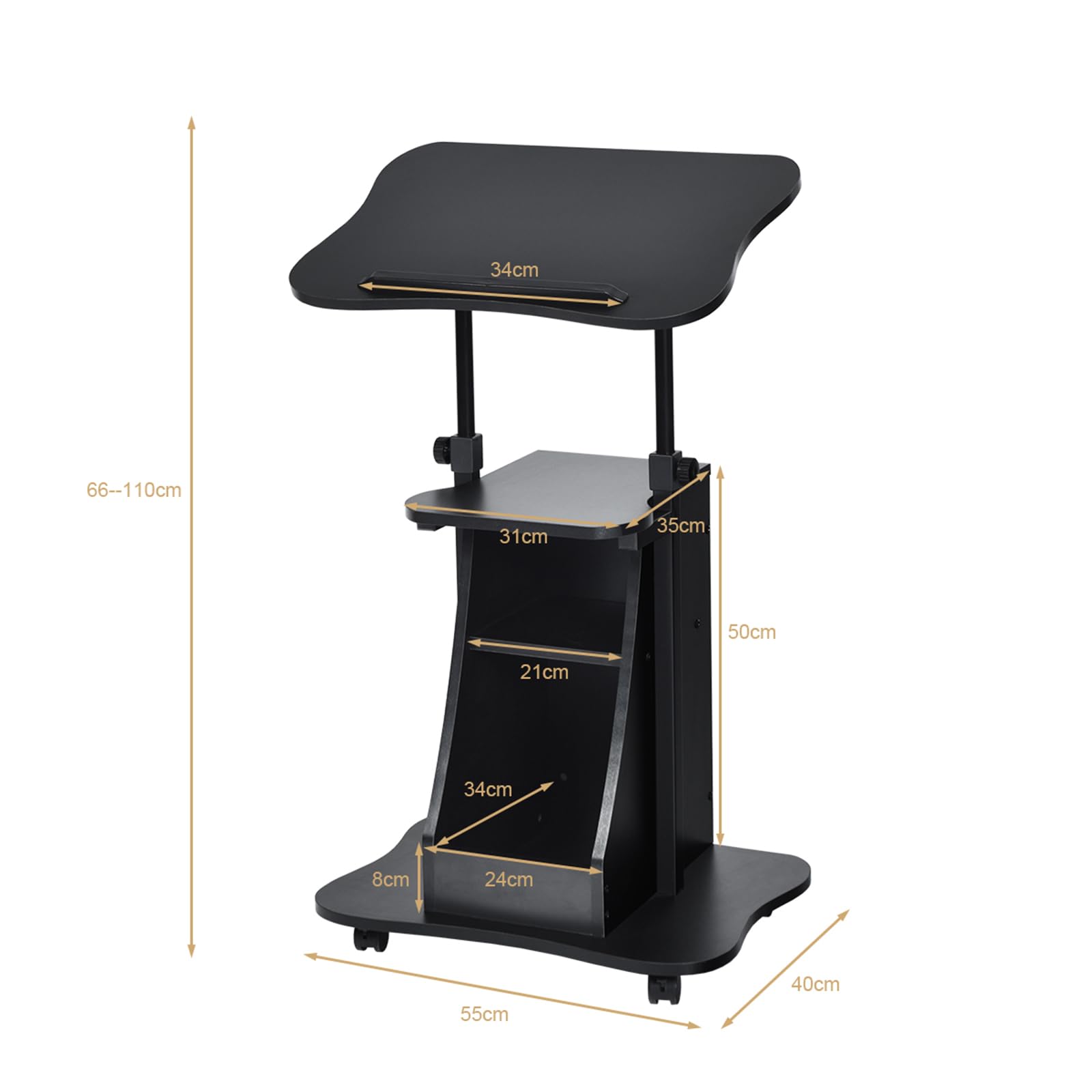 COSTWAY Mobiler Stehpult, höhenverstellbarer Rednerpult mit neigbarer Tischplatte & offenen Fächern, Schreibpult zum Stehen oder Sitzen, Stehtisch auf Rollen für Heimbüro (55 x 40 x 66-110 cm,Schwarz)