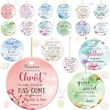Realspring 12 Pcs Christian Hanging Ornaments Bulk Christian Christmas Ornaments Ceramic Bible Verse Double Sided Printing Inspirational Religious Gift for Church Christmas Tree Wreath Decoration