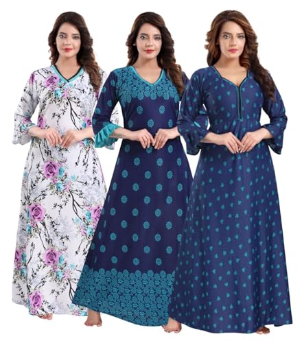 Image of Fabme Women's Crepe Printed Flare Nighty with Long Sleeves /Night Gown /Nightwear /Maxi - Combo