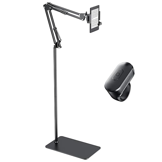Kefotic Floor Tablet Stand for Kindle Reading in Bed with Remote Page Turner Ring, Hands Free Tablet Arm Holder for Kindle Accessory, Compatible with iPhone Paperwhite eReader