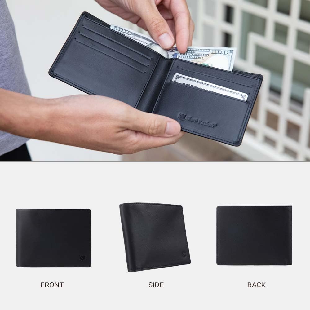 SLNT Napa Leather RFID & NFC Signal Blocking Bi-Fold Wallet - Secure Your Information, Prevent Hacking & Identity Theft - 6 Card Slots & Large Money Pocket - Slim Profile, Great for Travel (Jet Black)