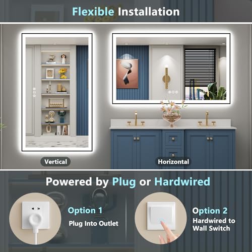 AWANDEE 55x36 Black Framed LED Bathroom Mirror with Lights, Backlit and Front Lit Anti-Fog Lighted Vanity Mirrors for Bathroom Wall, Dimmable, 3 Colors, Memory, HD Tempered Glass, Horizontal/Vertical by AWANDEE - Image 7
