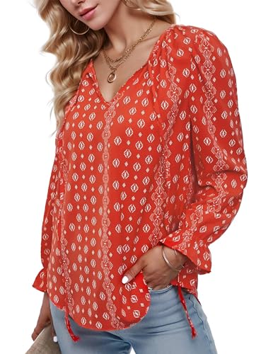 Womens Boho Floral Printed Blouse Dressy Tops Drawstring Casual V Neck Lantern Long Sleeve Shirts4