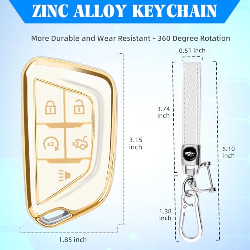 Image of QBUC for Cadillac Key Fob Cover with Leather Keychain (Gold Trim White) | Soft TPU Protection Case Compatible with 2020-2026 Cadillac Escalade Lyriq Optiq 5-Buttons