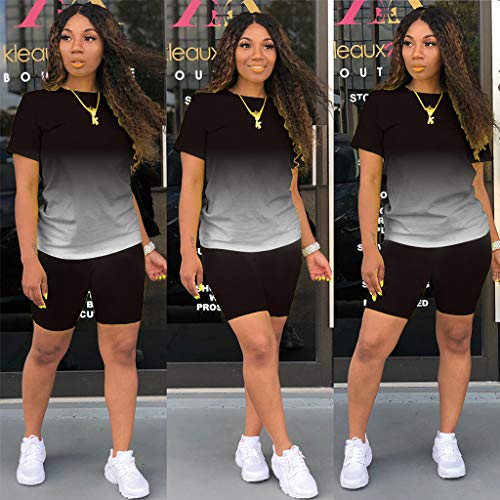 Tie Dye Women 2 Piece Outfits Sets for Women Sexy Bodycon Short Sleeve Tracksuits Jogger Shorts Pants Set Black M - Thumbnail 2