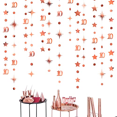 Image of Rose Gold 10th Birthday Decorations Number 10 Circle Dot Twinkle Star Garland Metallic Hanging Streamer Bunting Banner Backdrop for Girls Boys Ten Year Old Birthday 10th Anniversary Party Supplies