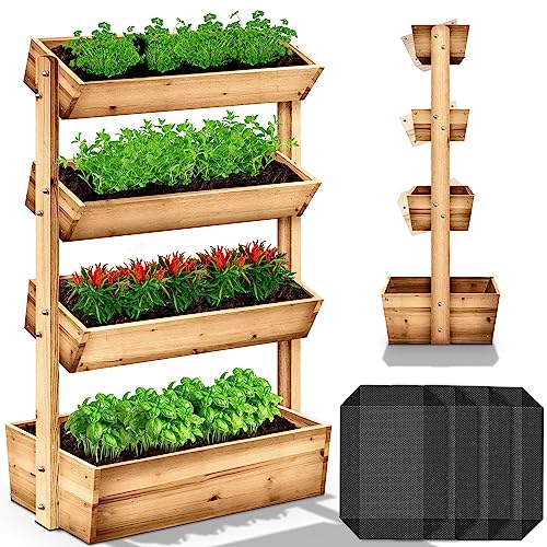 tillvex® Hochbeet aus Holz mit 4 Etagen | Premium Blumenkasten mit Gartenvlies | Blumentreppe Pflanztreppe für Terrasse Balkon & Garten | Gemüsebeet Kräuterbeet Frühbeet Blumenbeet