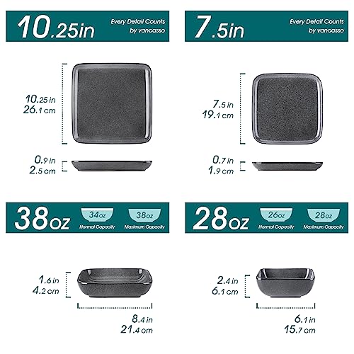Image of vancasso Stern Gray Dinnerware Set Square Reactive Glaze Tableware 16 Pieces Kitchen Dinnerware Stoneware Crockery Set with Dinner Plate, Dessert Plate, Bowl and Soup Plate Service for 4